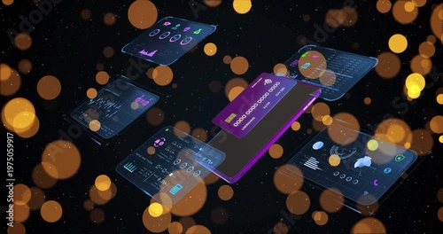 On scene load phone and purple card rotating, orbiting UI tiles showing payment flow amid bokeh