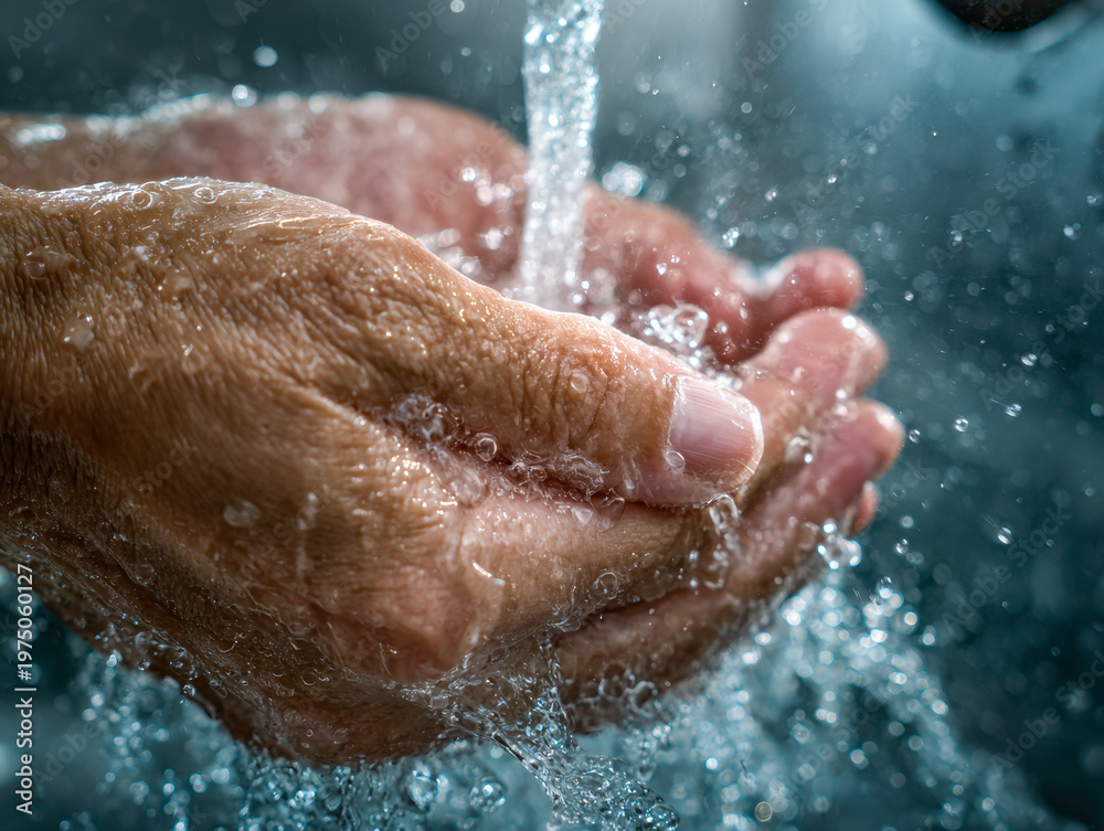 Fototapeta premium Man washing hands thoroughly under a stream of clean water with visible droplets and bubbles for hygiene and cleanliness concept