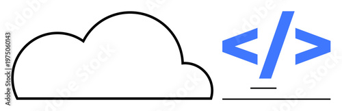 Cloud computing, software development, coding solutions, web services, programming, digital innovation. Minimalist cloud shape with coding brackets. Cloud computing and software development