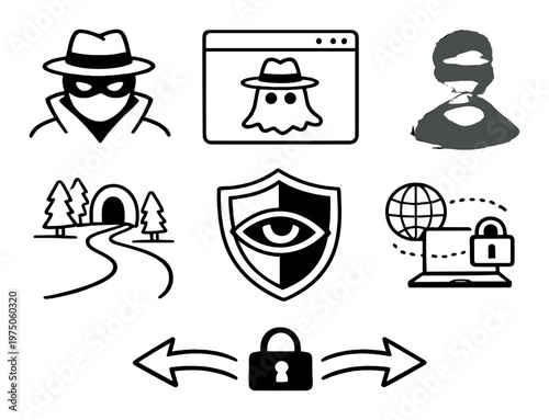 Privacy and anonymity icons arranged on dark gradient background