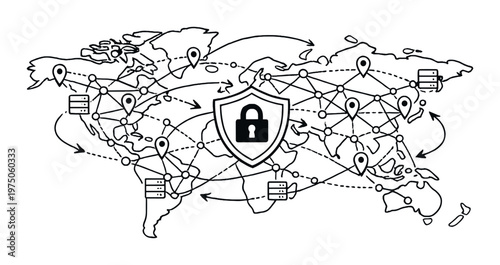 Network nodes and location pins connected on world map with shield