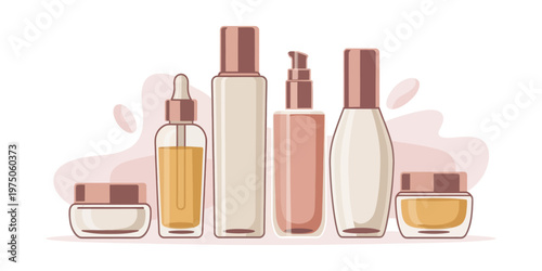 Cosmetic beauty products collection bottles and jars skincare vector design pastel colors