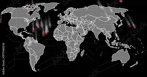 Displaying stylized world map streaming binary digits in data dashboard, showing red square markers