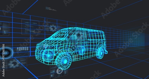 Displaying neon-cyan wireframe van model rotating in VR simulation, with grid planes and HUD panels
