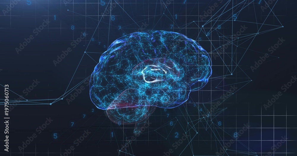 Naklejka premium Floating digital wireframe brain hologram pulsing with glowing neural nodes on virtual grid plane