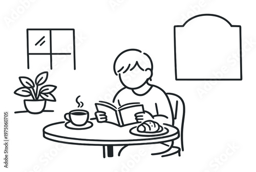 Person reading book at table inside room with window and plant