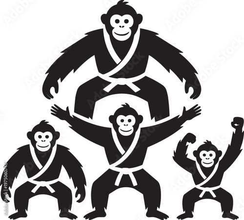 Martial arts monkey masters wearing karate uniforms and black belts, 4 black silhouette icons