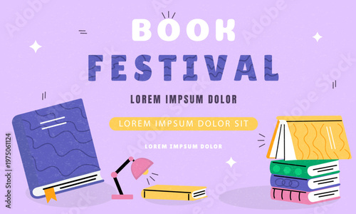 Book Festival Design with a pile of colorful books, a desk lamp and text. Vector banner