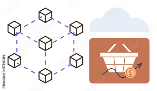 Blockchain, e-commerce, online security, decentralized systems, digital transactions, financial growth. Network of blocks and shopping basket with rising sales icon. Blockchain and e-commerce theme
