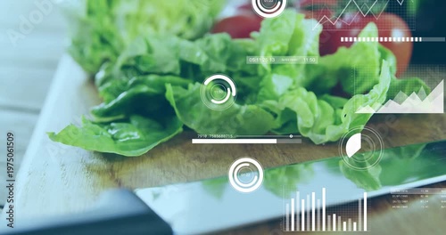 Camera pulling back showing lettuce, kitchen knife, charts sliding over leaves showing freshness