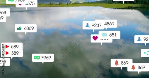 Vertical video: Appearing near left shore, alert badges drifting across calm lake, signaling surge