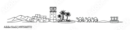 Desert village with tower caravan and oasis near well