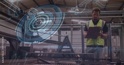 Factory inspector checking clipboard upon AR graphic appearing over conveyor, recording issues