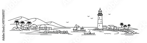Lighthouse and fishing boats by coastal village and palm trees