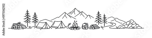 Campsite with tents campfire and gear beneath mountains