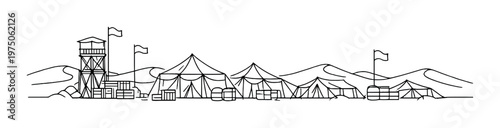 Military camp with watch tower tents and supply crates in hills