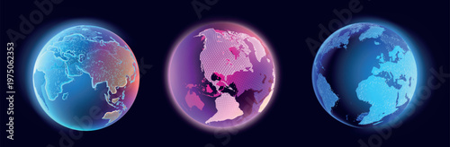 Vector illustration. Set of isolated objects. Planet Earth. Global map. Future. Modern technological dark blue background. World Wide Web Internet. Technology, innovation and communication.