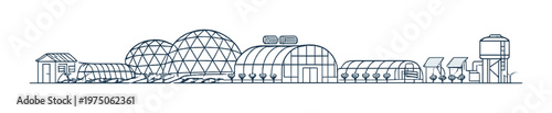 Geodesic domes and greenhouses on farm with solar panels
