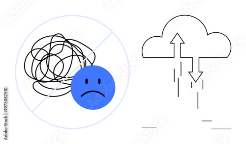 Mental health concept. Mental health by sad face and untangled problem-solving icon. Mental health linked to clarity, self-help, productivity, therapy, and technology use