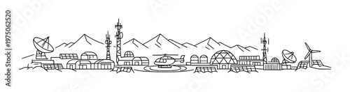 Research base with satellite dishes and solar panels by mountains