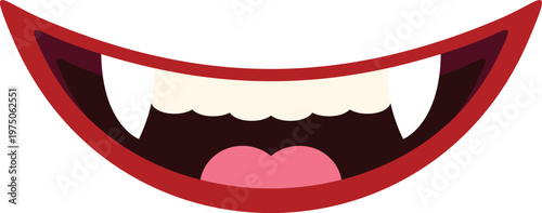 Cartoon vampire mouth showing sharp fangs and pink tongue against a white background
