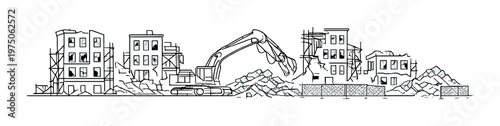 Demolition site with excavator tearing down buildings in city