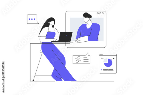 Video conference and call. Online meeting and telecommunication, remote workers and employees. Flat Cartoon Vector Illustration, icon Stylish abstract design landing page web