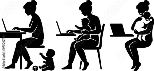 Working mother balancing remote work and childcare, work from home mom lifestyle silhouette set