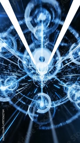 A digital representation of a glowing atomic structure moving through a high speed tunnel of blue light
