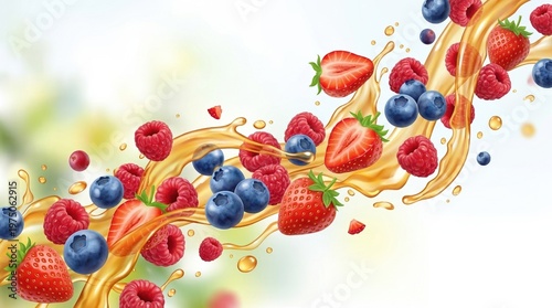 Wide composition of raspberries blueberries and strawberries flying diagonally across the frame with honey streams forming fluid