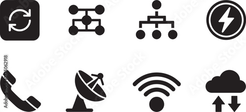 Technology and communication icon set, bold silhouette style essential vector symbols collection