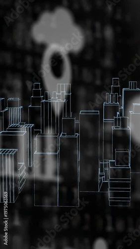Vertical video: Wireframe city shifting while view drifting, revealing cloud pin WiFi motifs, tech