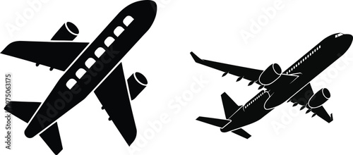 Airplane icon vector illustration, two variations of a flying aircraft for travel and transportation.