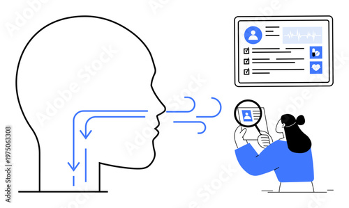 Respiratory health concept. Respiratory system illustration with air pathways, breathing process, and medical health data. Respiratory care for diagnostics, AI tools, healthcare apps, education