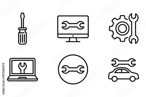 Computer and car repair service line vector icons set with computer automotive maintenance technology mechanical settings screwdriver