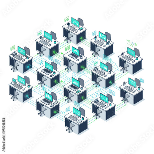Computer Network Setup with Multiple Workstations and Connections.