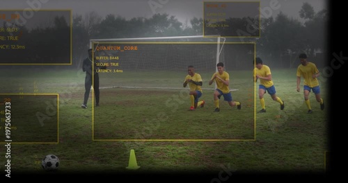 Coach gesturing soccer players training synced lunges past cone AR QUANTUM_CORE tracking latency