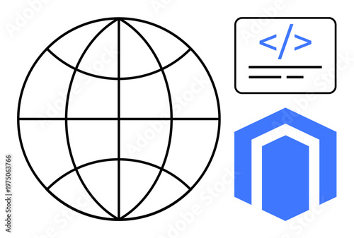 Web development, global connectivity, coding, software development, e-commerce, digital technology. Globe symbol, coding snippet modern tech icon. Web development and global connectivity concept