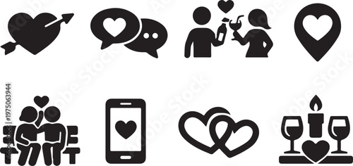 A vector icon set showing silhouettes of people and couples with a cross and heart symbol representing love, communication, and relationships