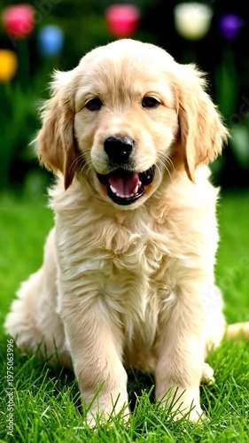 A cute fluffy puppy sits on the green grass in a garden with colorful flowers in the background