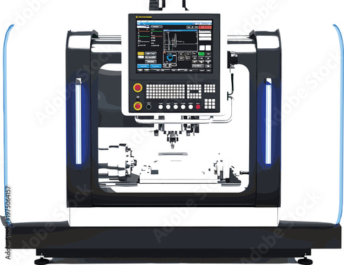 Modern industrial CNC milling machine vector illustration with digital control panel for manufacturing