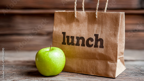 Fresh green apple next to a brown paper bag labeled lunch sitting on a wooden surface with rustic wooden background in natural light