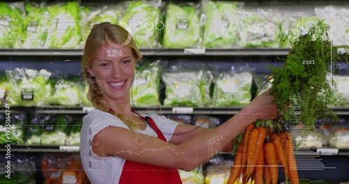 Camera zooming in, produce attendant holding carrots and presenting bundle, HUD highlighting price
