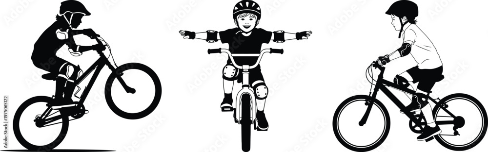 Naklejka premium Black and white illustration of three cyclists in dynamic poses