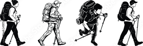 Four silhouetted figures hiking with backpacks and trekking poles