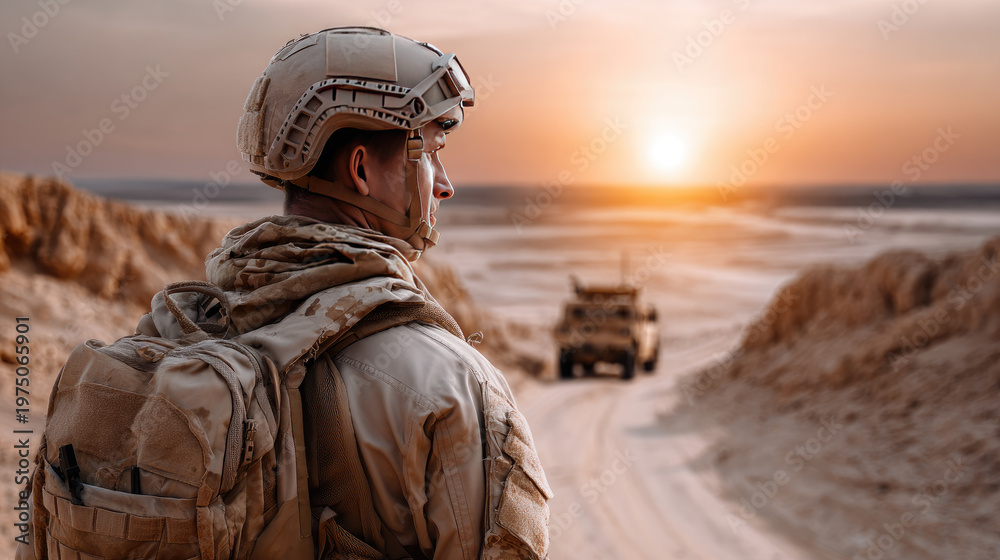 Obraz premium Soldier in camouflage fatigues, helmet, and tactical sunglasses maintaining vigilance in a barren desert landscape, representing duty, courage, and armed forces operations