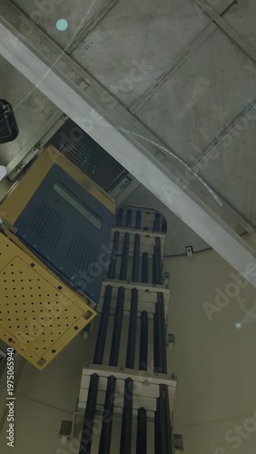 Vertical video: Camera tilting, cable tray centering lens flares growing to reveal gear for check