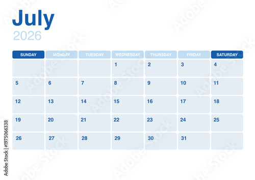 July 2026 calendar template. July calendar