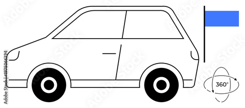 Navigation systems, autonomous driving, automotive technology, road safety, GPS tracking, Smart vehicles. Outline of a compact car with navigation flag and 360-degree indicator. Navigation systems