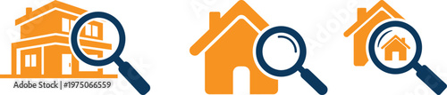 Title real estate search examining houses with magnifying glasses description three orange house icons are displayed with blue magnifying glasses inspecting each
